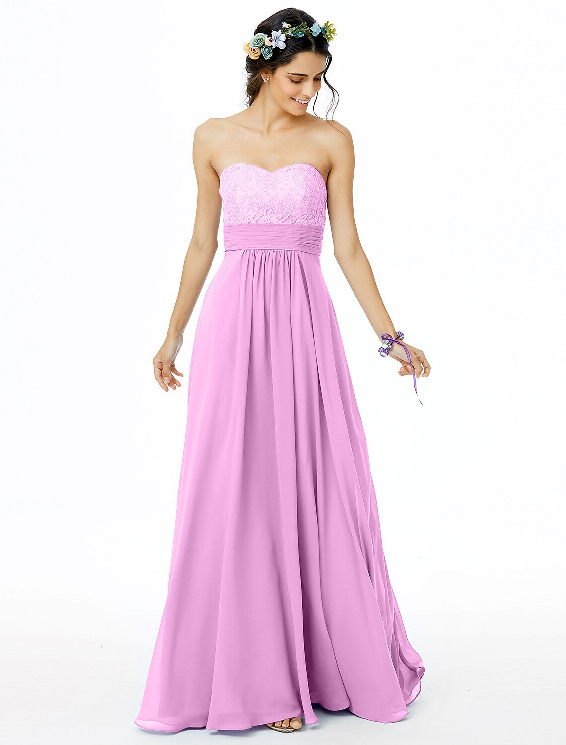 A-Line Bridesmaid Dress Sweetheart Neckline Sleeveless Open Back Floor Length Chiffon / Lace with Lace / Sash / Ribbon / Ruched