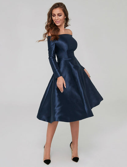 A-Line Dresses Party Dress Wedding Knee Length Long Sleeve Off Shoulder Satin with Pleats
