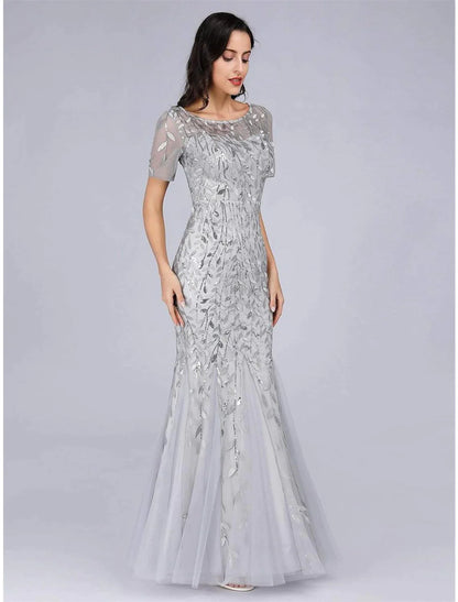 Elegant Party Wear Formal Evening Dress Short Sleeve Floor Length Tulle with Embroidery