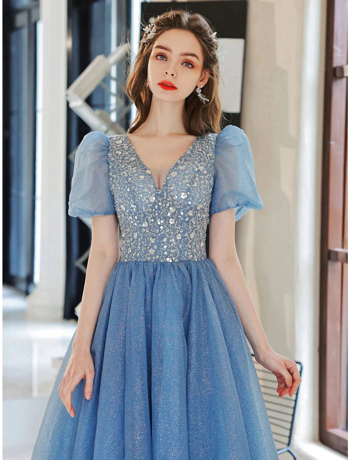 Ball Gown A-Line Evening Gown Floral Dress Prom Floor Length Short Sleeve V Neck Tulle with Glitter Beading Sequin