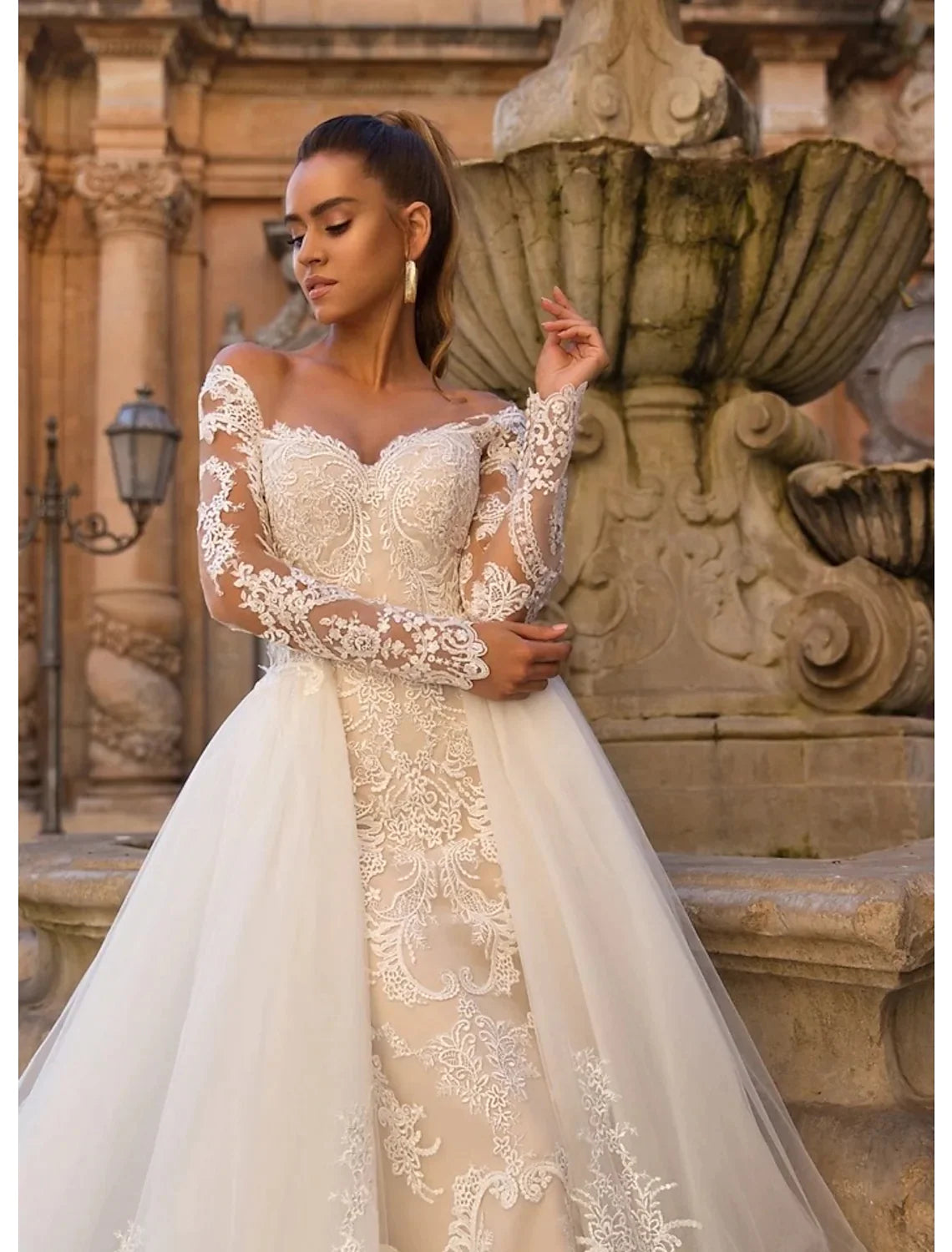 Engagement Open Back Formal Wedding Dresses Two Piece Long Sleeve Lace Appliques