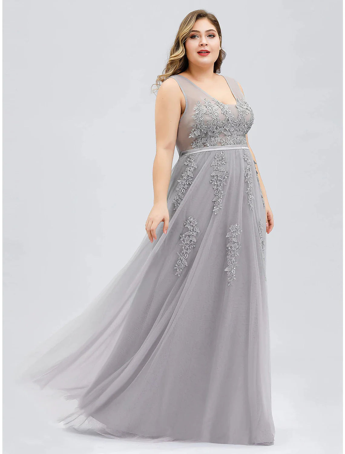 A-Line Prom Dresses Plus Size Dress Prom Floor Length Sleeveless V Neck Tulle V Back with Beading Appliques