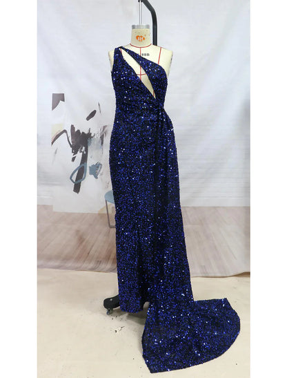 Sparkle Shine High Split Prom Formal Evening Dress One Shoulder Sleeveless Sequined with Slit