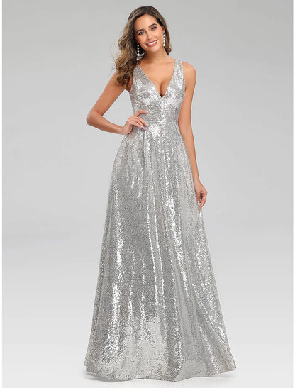 A-Line Prom Dresses Sparkle Dress Wedding Guest Floor Length Sleeveless V Neck V Back with Sequin