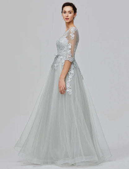 A-Line Dress Wedding Guest Floor Length Half Sleeve Tulle with Bow(s) Appliques