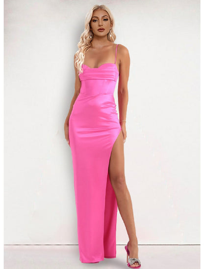 Evening Gown Dress Formal Floor Length Sleeveless Strap Stretch Satin with Slit