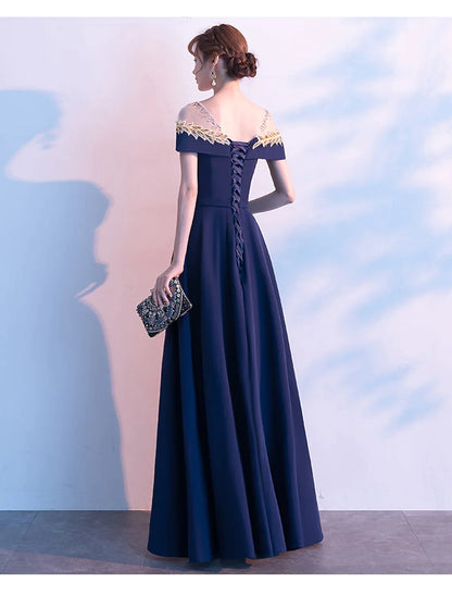A-Line Prom Dresses Elegant Dress Wedding Guest Floor Length Short Sleeve Satin with