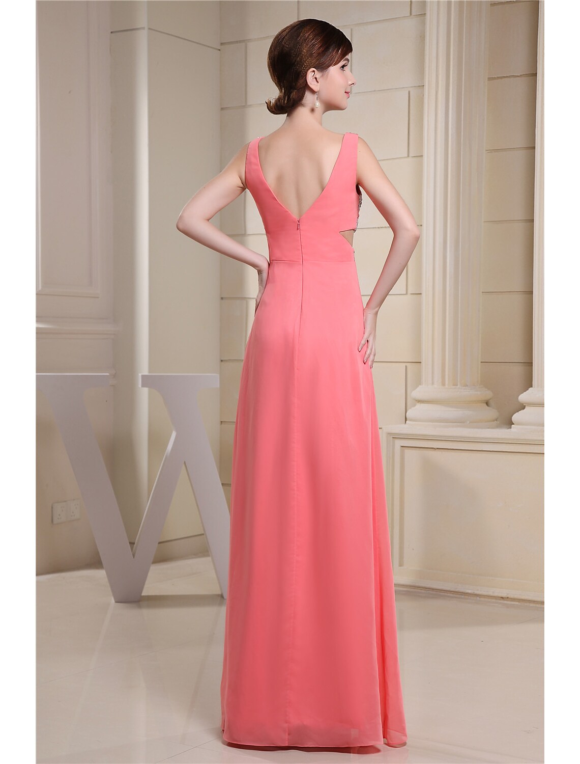 A-Line Evening Gown Sparkle Dress Engagement Floor Length Sleeveless V Neck Chiffon with Pleats Sequin
