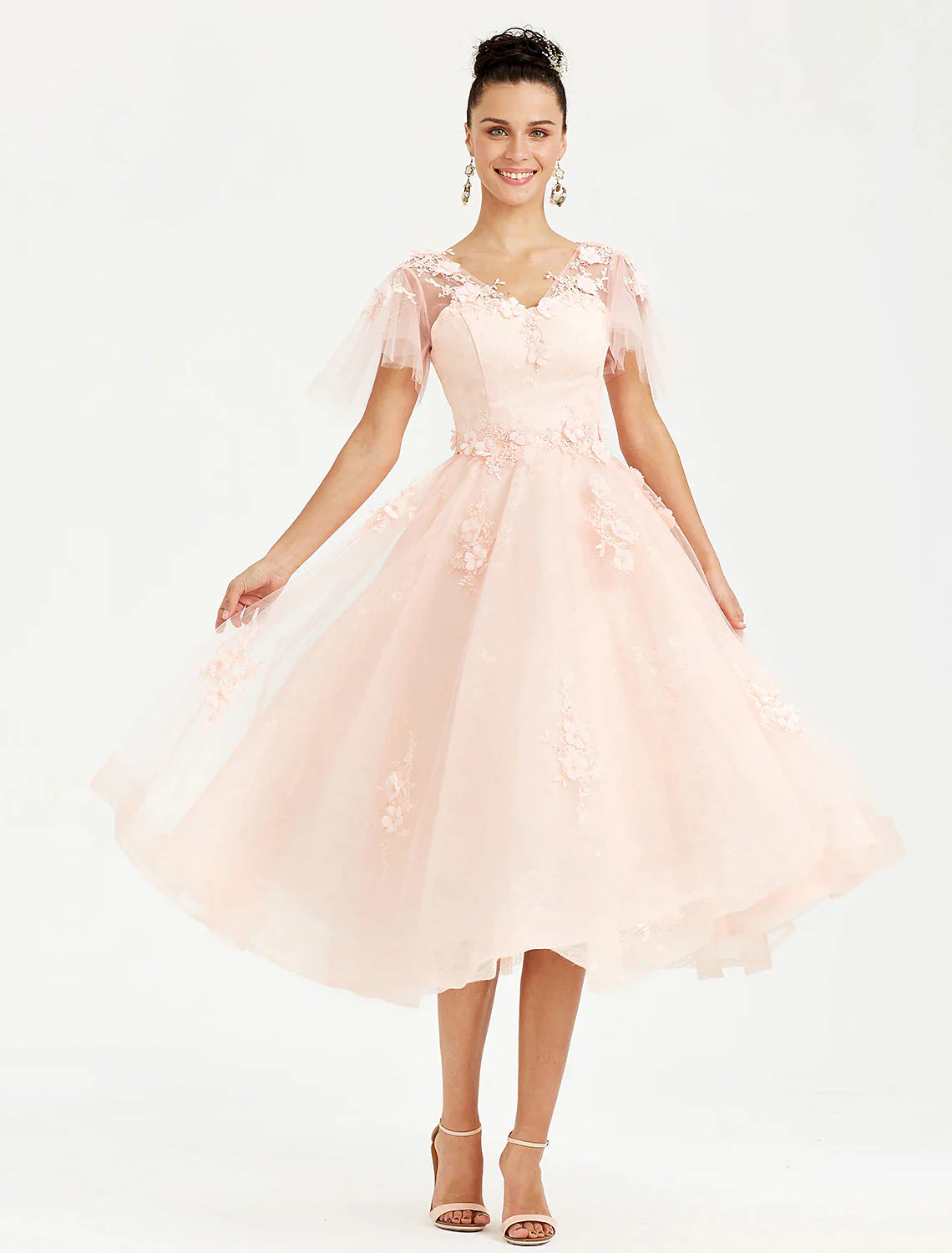 A-Line Prom Dresses Elegant Dress Wedding Short Sleeve V Neck Tulle with Appliques