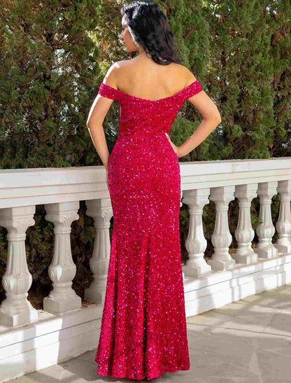 Mermaid / Trumpet Prom Dresses Sexy Dress Wedding Guest Floor Length Short Sleeve Off Shoulder Sequined with Ruched Sequin Slit