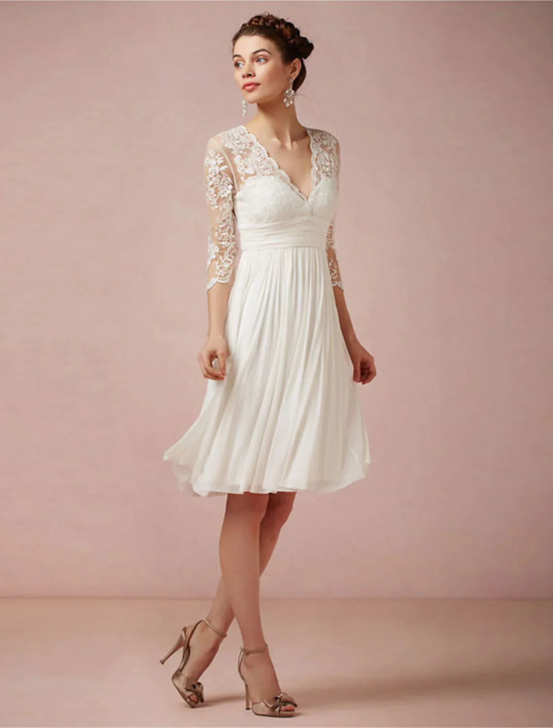 Bridal Open Back Little White Dresses Wedding Dresses Knee Length A-Line V Neck Chiffon