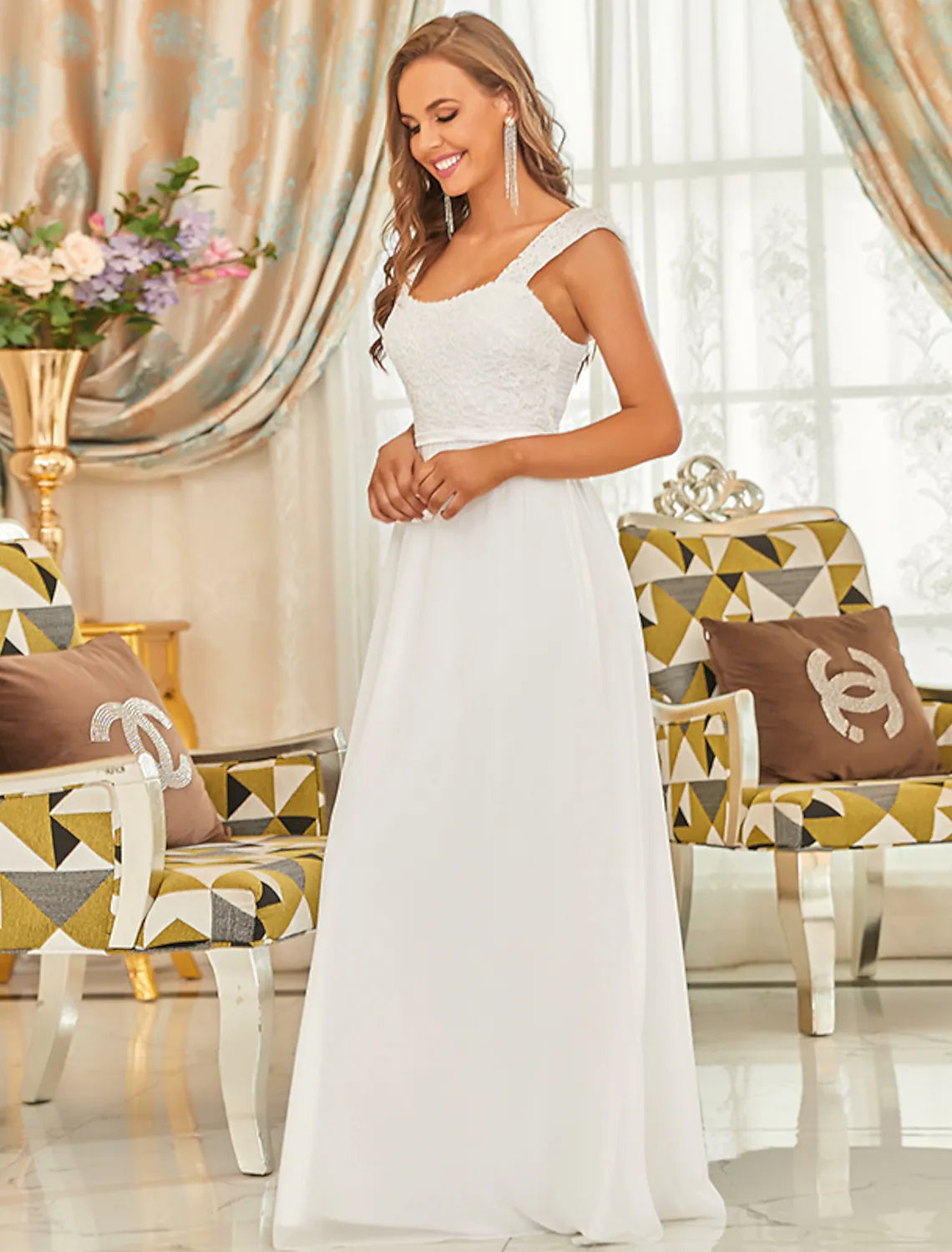 A-Line Elegant Formal Evening Dress Backless Sleeveless Floor Length Chiffon with Pleats