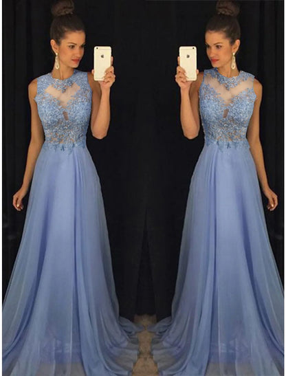 A-Line Prom Formal Evening Dress Sleeveless Chiffon with Beading Appliques