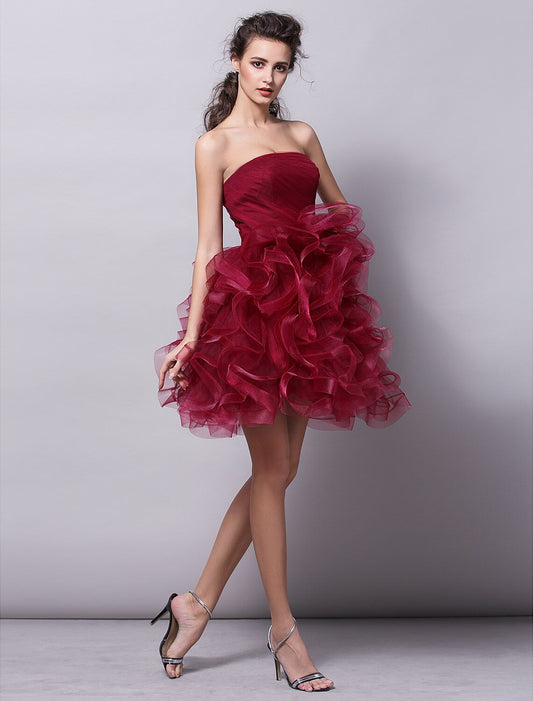 Cocktail Party Dress Strapless Sleeveless Short Mini Tulle with Ruched Tier