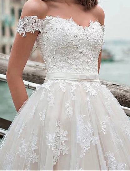 Engagement Formal Wedding Dresses Chapel Train Ball Gown Short Sleeve Off Shoulder Lace Appliques