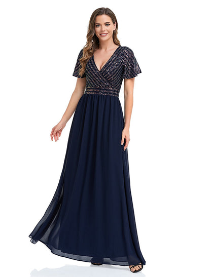 A-Line  Evening Gown Elegant Dress Floor Length Short Sleeve V Neck Sequined with