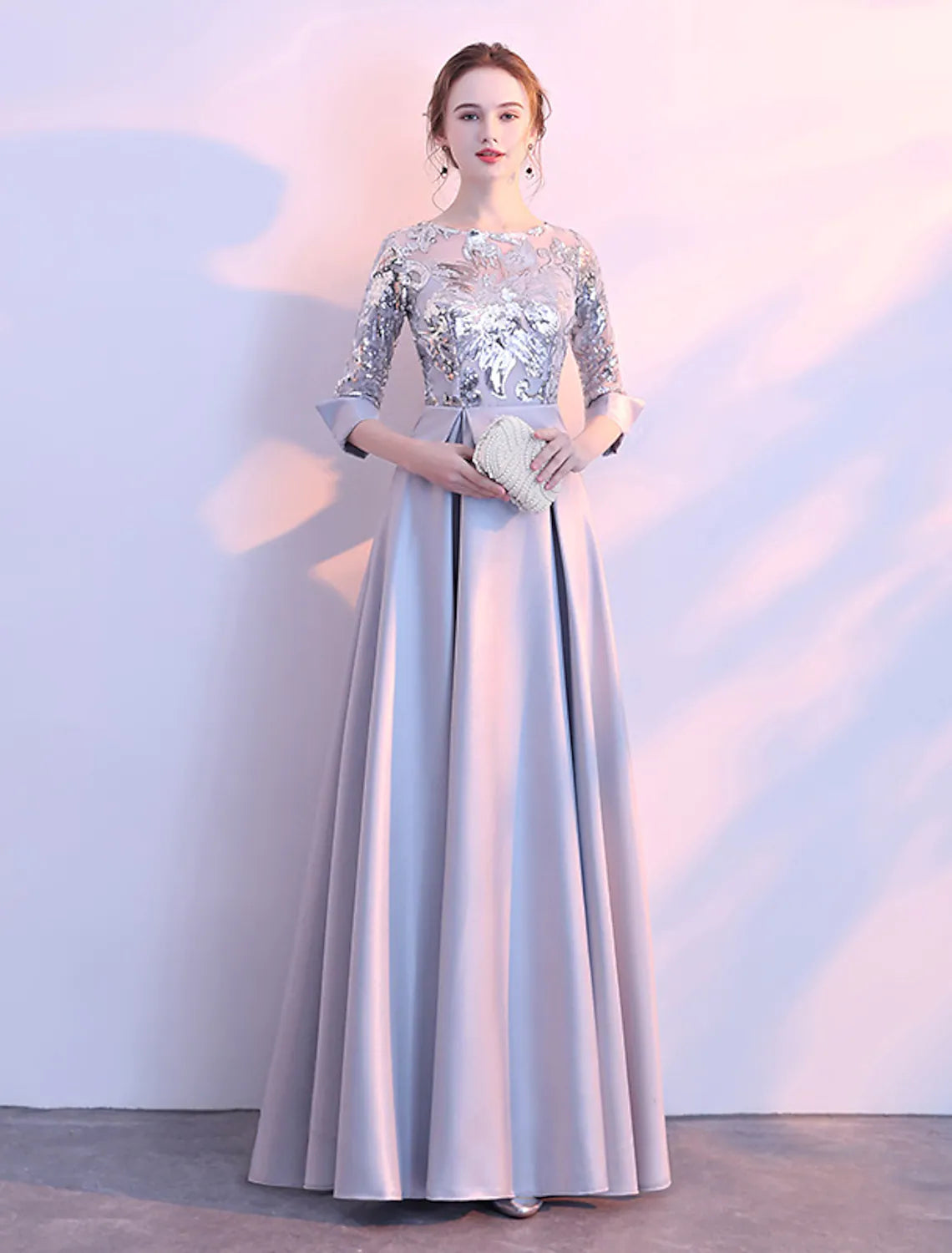 A-Line Bridesmaid Dress Long Sleeve Beautiful Back Floor Length Satin Tulle Sequined