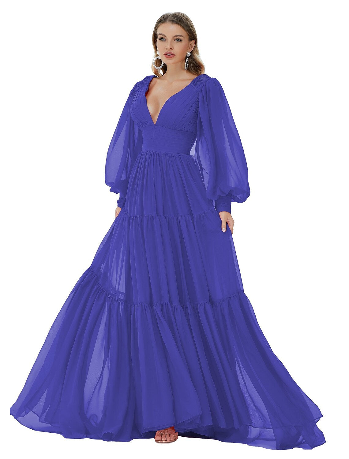 A-Line Evening Gown Sexy Dress Party Long Sleeve V Neck Chiffon with Ruched