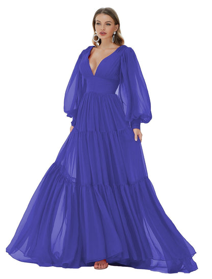 A-Line Evening Gown Sexy Dress Party Long Sleeve V Neck Chiffon with Ruched