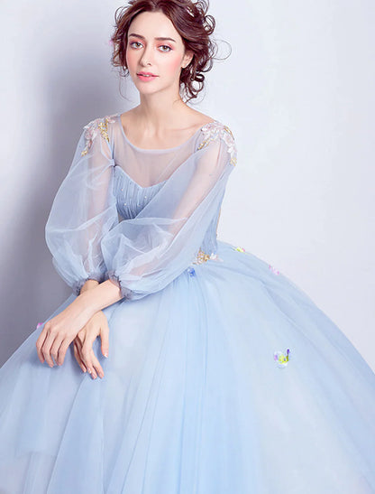 Elegant Floral Puffy Engagement Dress Neck Length SleeveFloor Length Tulle with Pleats Appliques