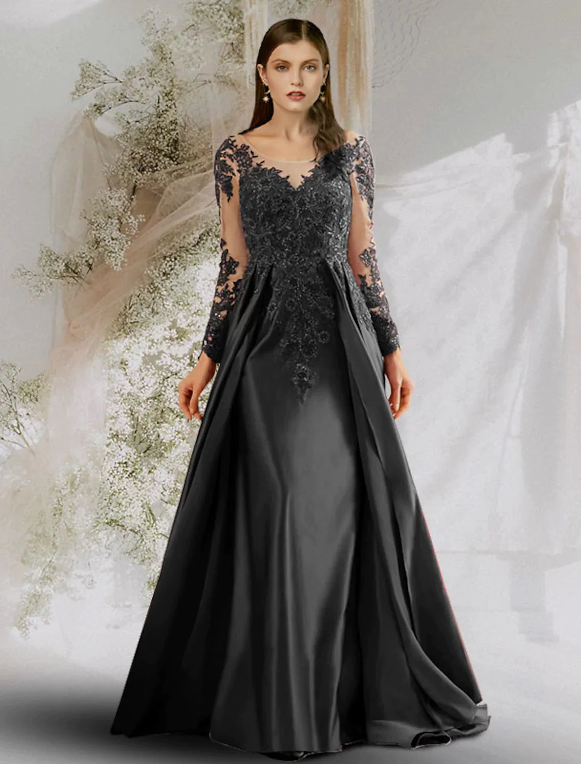 A-Line Beautiful Back Sexy Floral Prom Formal Evening Dress Boat Neck Long Sleeve Satin with Appliques