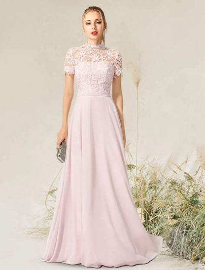 A-Line Evening Gown Empire Dress Engagement Floor Length Short Sleeve High Neck Chiffon with Pleats