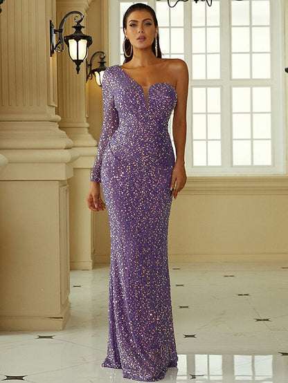Evening Gown Sexy Dress Formal Floor Length Long Sleeve One Shoulder Polyester with Sequin