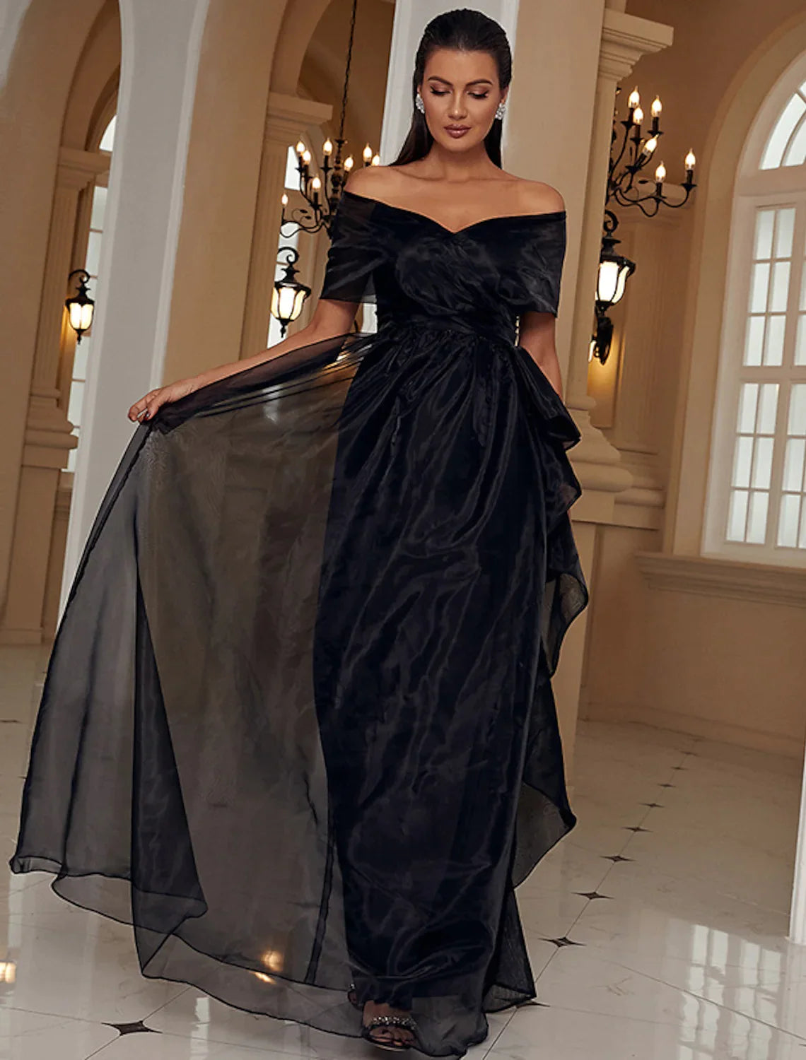 A-Line Evening Gown Sexy Dress Formal Floor Length Short Sleeve Off Shoulder with Ruffles Slit