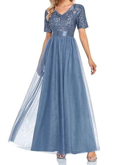 A-Line Evening Gown Elegant Dress Wedding Guest Floor Length Short Sleeve V Neck Tulle with Sequin Splicing