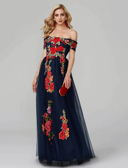 A-Line Prom Dresses Dress Wedding Guest Floor Length Sleeveless Off Shoulder Lace Over Tulle with Embroidery Appliques