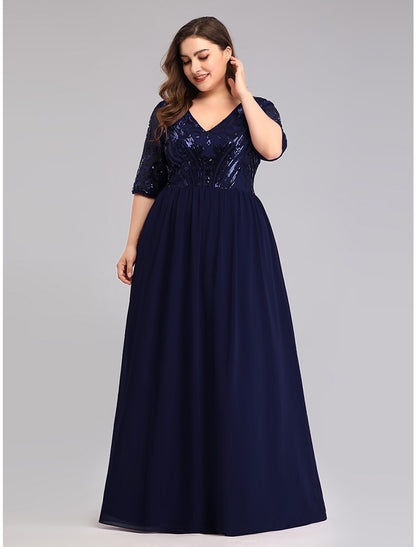 A-Line Prom Dresses Plus Size Dress Wedding Guest Floor Length Half Sleeve Plunging Neck Chiffon with