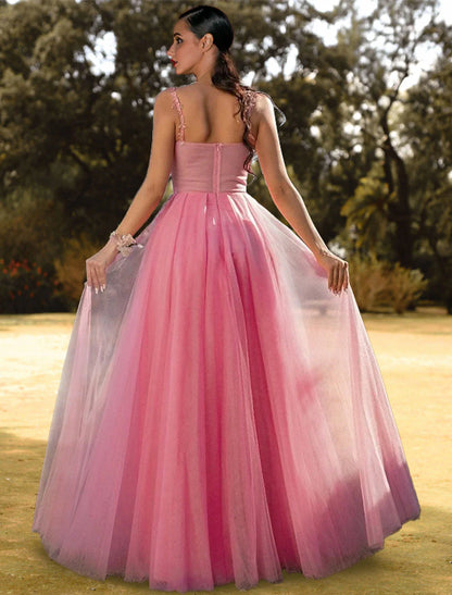A-Line Corsets Puffy Prom Birthday Dress Sweetheart Neckline Sleeveless Floor Length Tulle with Appliques Pure Color