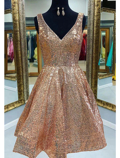 A-Line Homecoming Dresses Sparkle & Shine Dress Graduation Party Wear Tea Length Sleeveless V Neck Pink Dress Sequined with Sequin