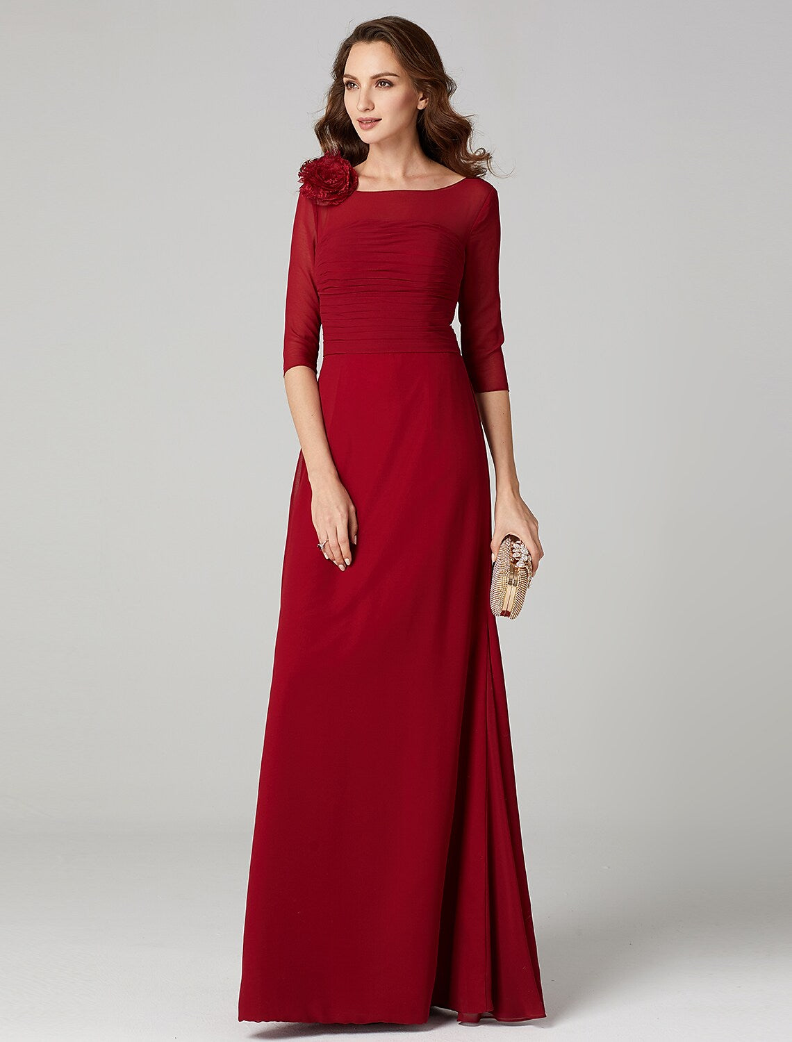 Dress Floor Length Length Sleeve Neck Charmeuse with Ruched Flower