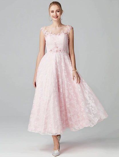 A-Line Prom Dresses Evening Party Ankle Length Short Sleeve Lace Zipper Applique