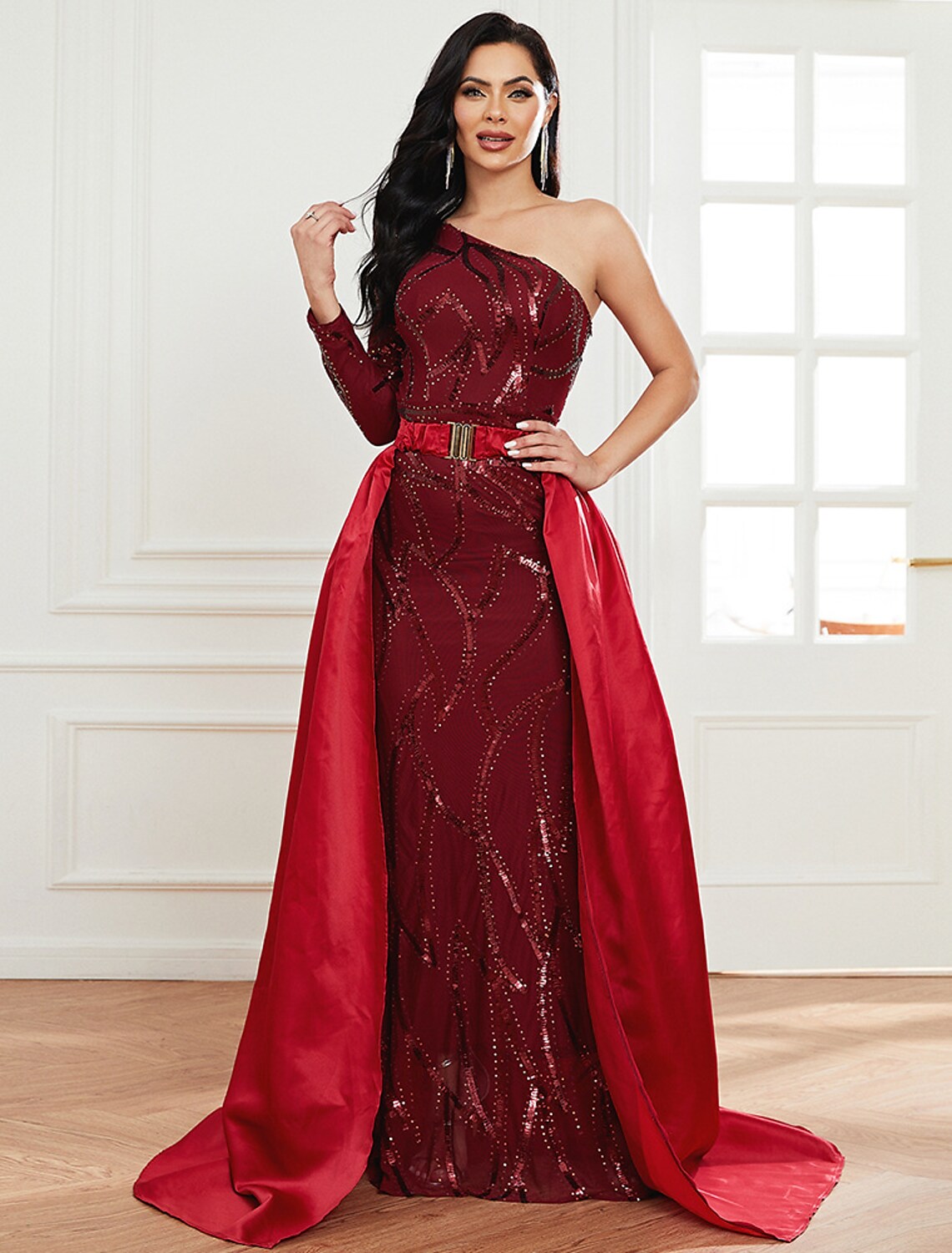 Evening Gown Sexy Dress Formal Long Sleeve One Shoulder with Sequin