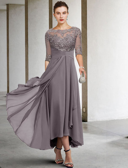 A-Line Mother of the Bride Dress Plus Size Elegant Asymmetrical Ankle Length Chiffon Lace Half Sleeve Beading Appliques