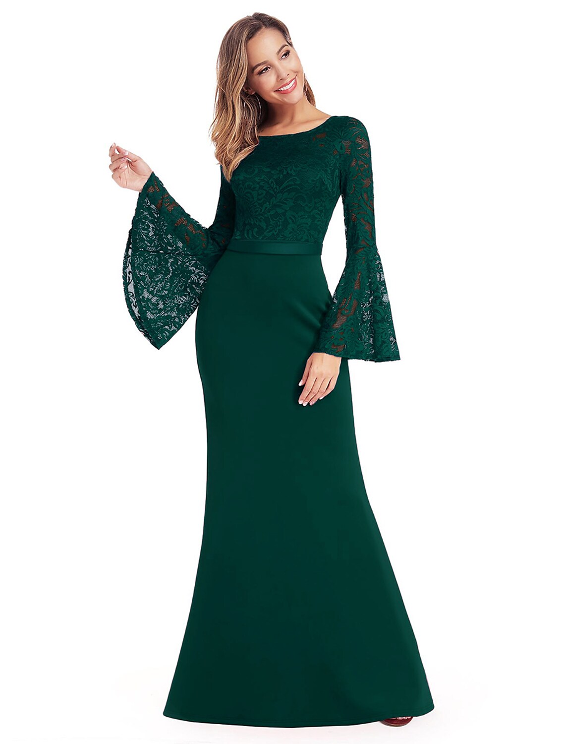 Evening Gown Dress Wedding Guest Floor Length Long Sleeve Chiffon with Appliques