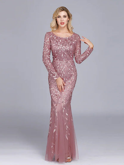 Elegant Party Wear Formal Evening Dress Long Sleeve Floor Length Tulle with Embroider