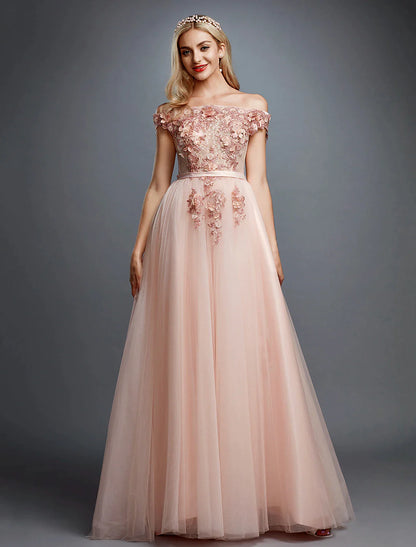 A-Line Floral Dress Wedding Sleeveless Off Shoulder Tulle Over Lace with Appliques