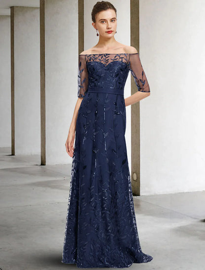 A-Line Mother of the Bride Dress Elegant Off Shoulder Floor Length Lace Tulle Half Sleeve with Sequin Appliques