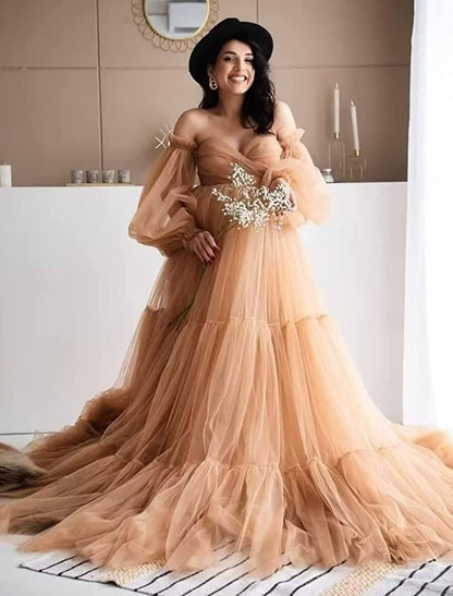 Ball Gown Prom Dresses Maternity Dress Formal Sweep / Brush Train Long Sleeve Sweetheart Tulle with Pleats Ruffles