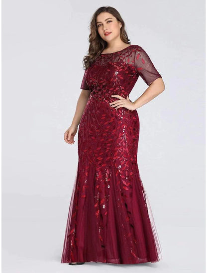 Elegant Party Wear Formal Evening Dress Short Sleeve Floor Length Tulle with Embroidery