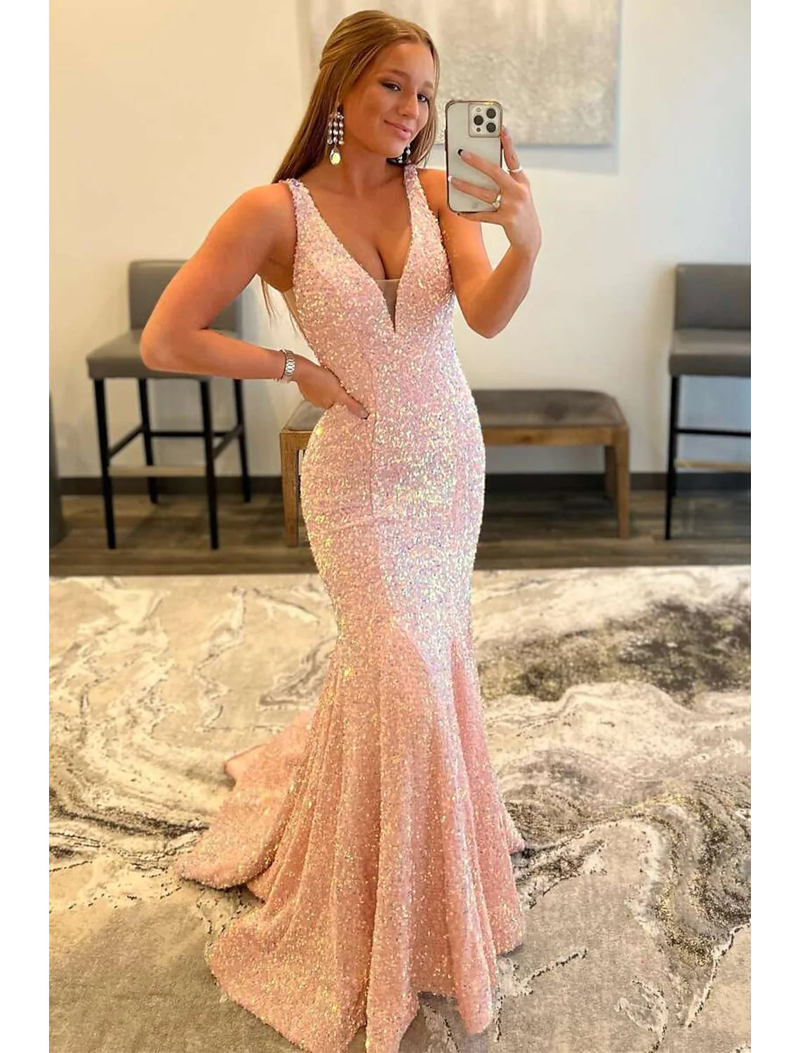 Prom Dresses Dress Formal Sleeveless V Neck Sequined Backless with Sequin
