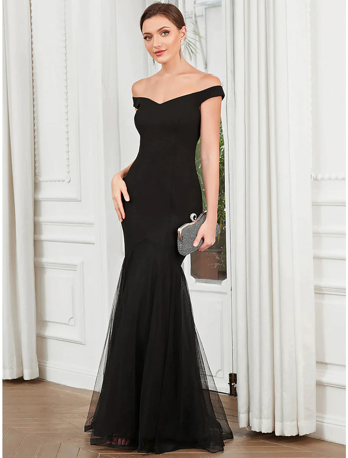 Evening Gown Elegant Dress Party Wear Floor Length Sleeveless Off Shoulder Polyester with Pleats