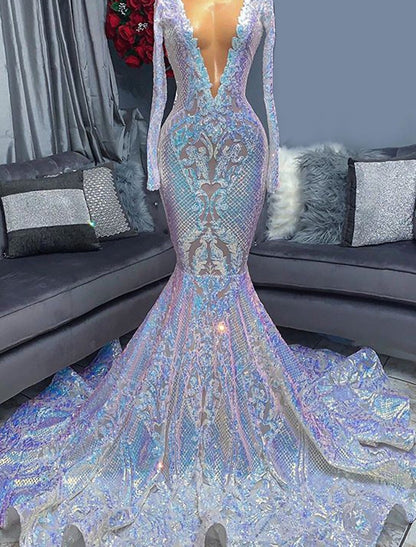 Evening Gown Floral Dress Formal Chapel Train Long Sleeve V Neck Sequined with