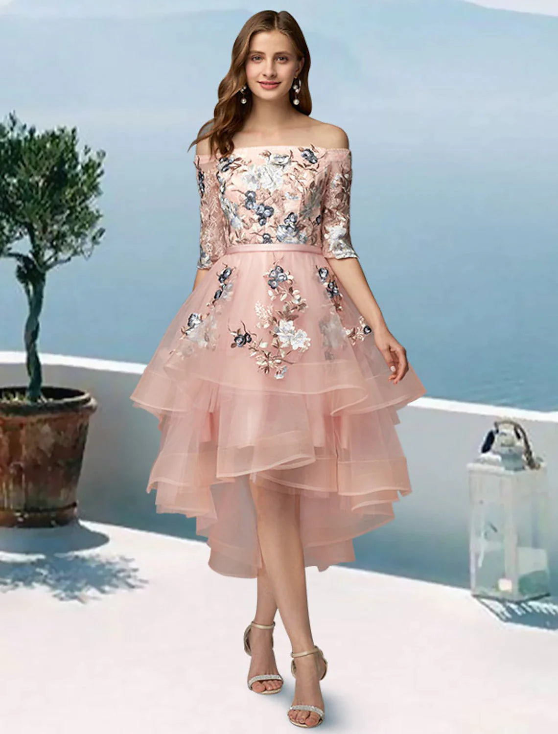 A-Line Prom Dresses Floral Dress Evening Party Asymmetrical Half Sleeve Off Shoulder Satin with Embroidery Appliques