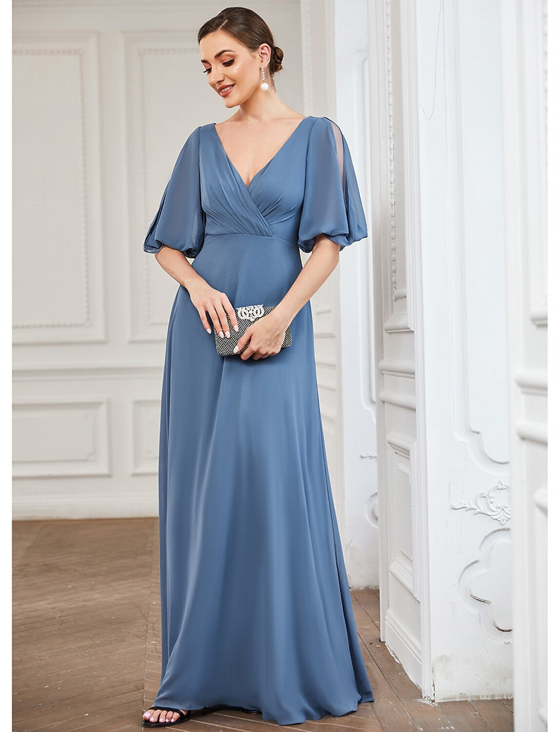 A-Line Evening Gown Dress Wedding Guest Floor Length Half Sleeve V Neck Chiffon with Pleats