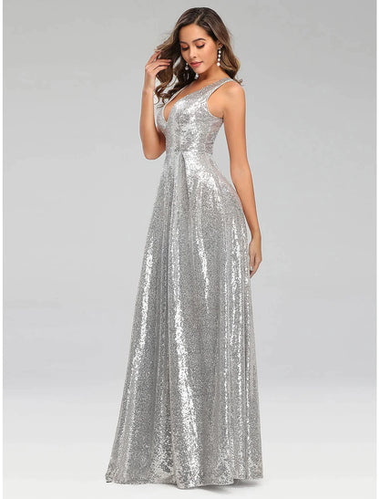 A-Line Prom Dresses Sparkle Dress Wedding Guest Floor Length Sleeveless V Neck V Back with Sequin