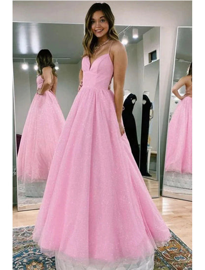 Ball Gown A-Line Prom Dresses Glittering Dress Formal Floor Length Sleeveless V Neck Tulle Backless with Pleats